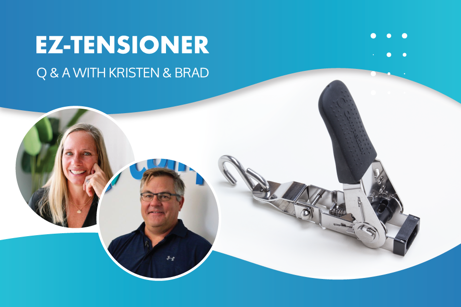 An image of the new EZ-Tensioner from Competitor Swim. Images of Kristin and Brad appear in circles to the left of the Tensioner.